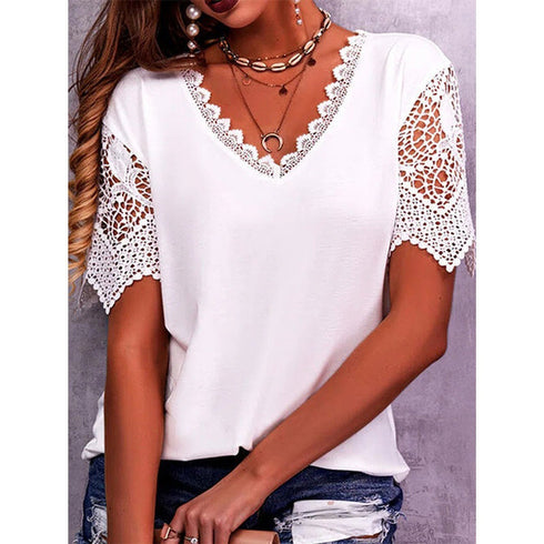 Women Summer Loose V Neck Lace tops